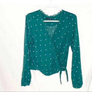 Abercrombie and Fitch Faux Wrap Top with lace trim in green, Size M